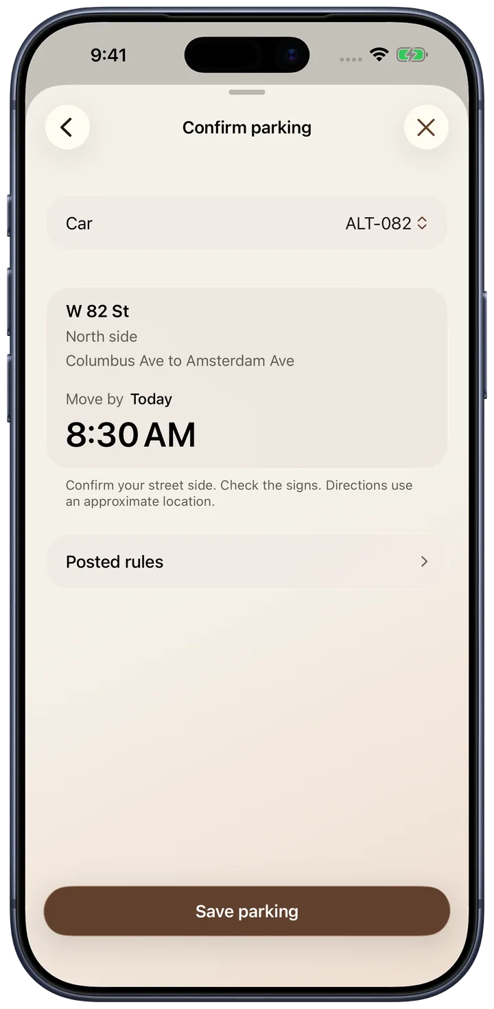 Alternate Confirm parking showing the selected car, W 82 St, North side, Posted rules and the Save parking button in an iPhone frame.