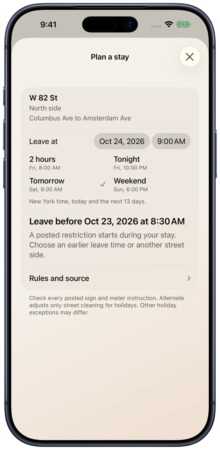 Alternate Plan a stay showing the selected street side, Leave at date and time, four presets, and a known restriction before departure in an iPhone frame.