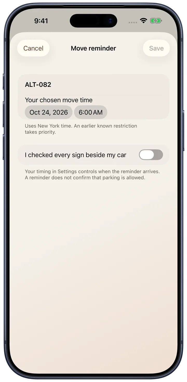 Alternate Move reminder editor showing Your chosen move time, the sign-check toggle switched off, and disabled Save in a complete iPhone frame.
