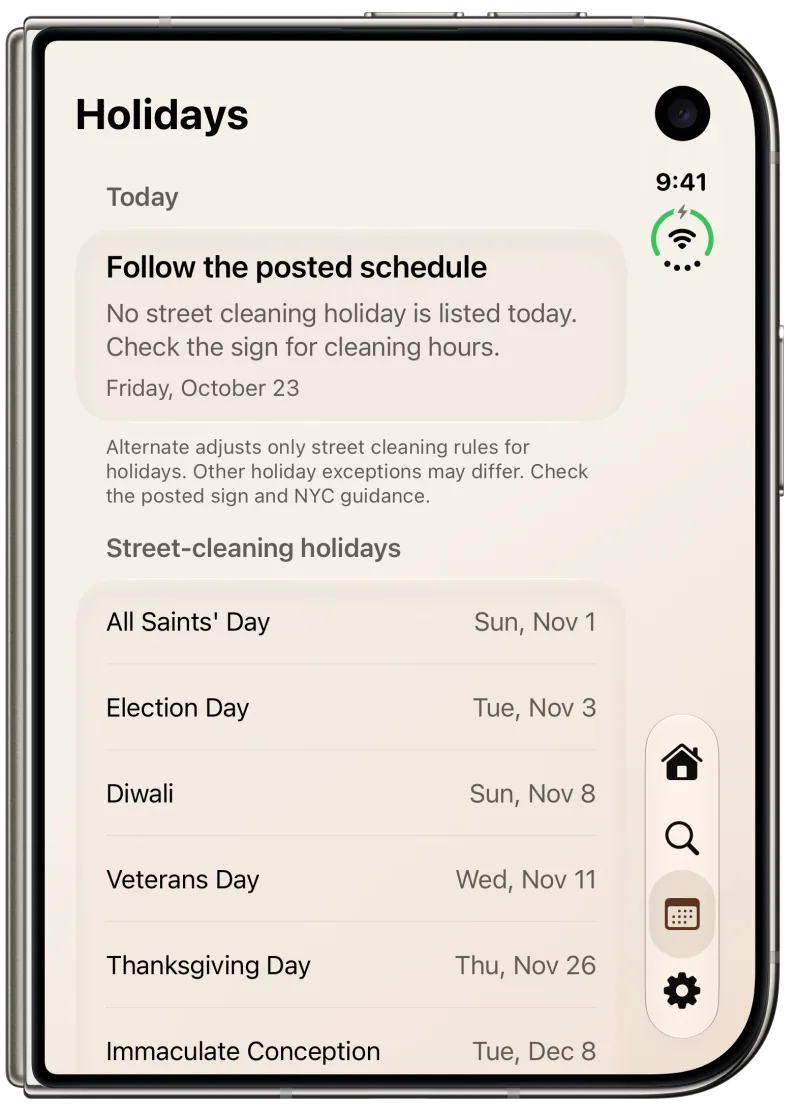 Alternate Holidays on a closed iPhone Duo, with today’s posted-schedule guidance, upcoming street-cleaning holidays, and four navigation controls.