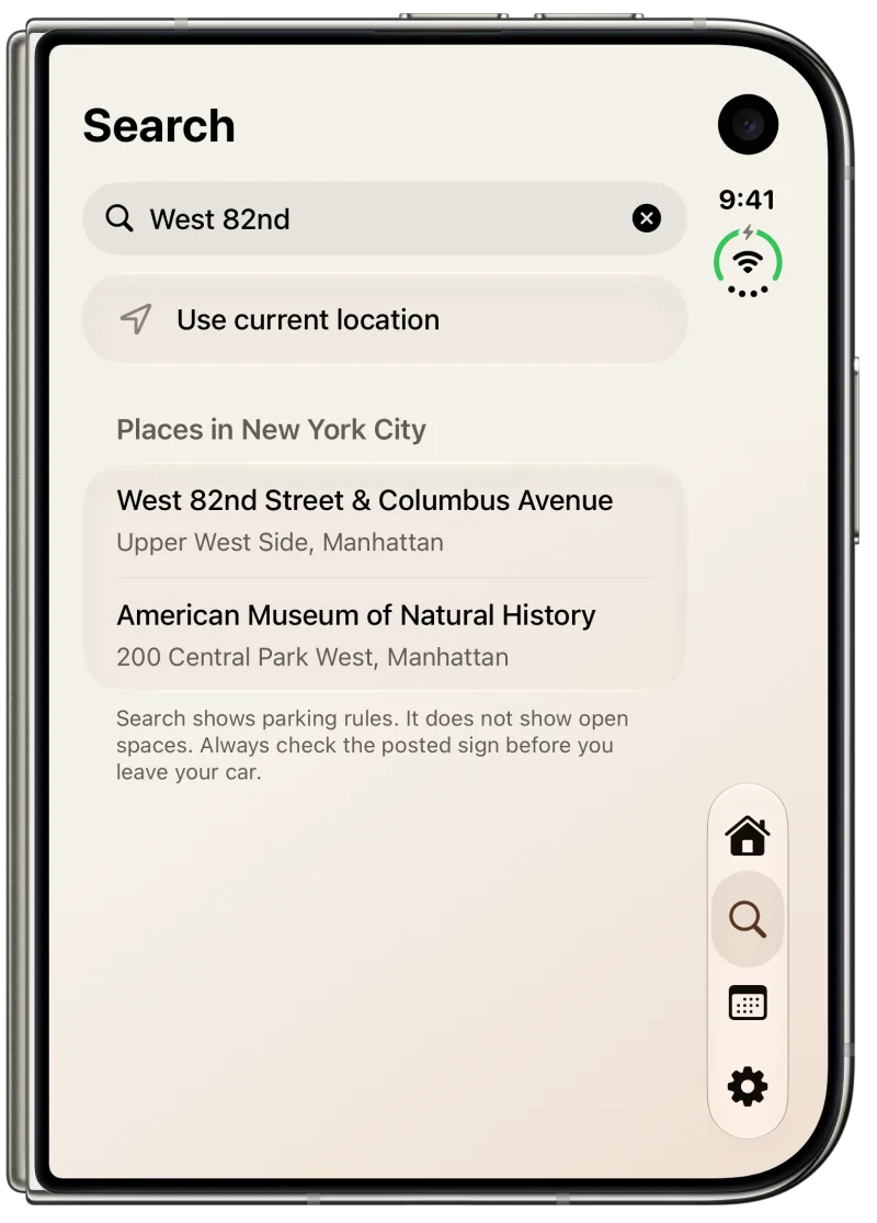 Alternate Search on a closed iPhone Duo, with New York City address results, current location, and four navigation controls.