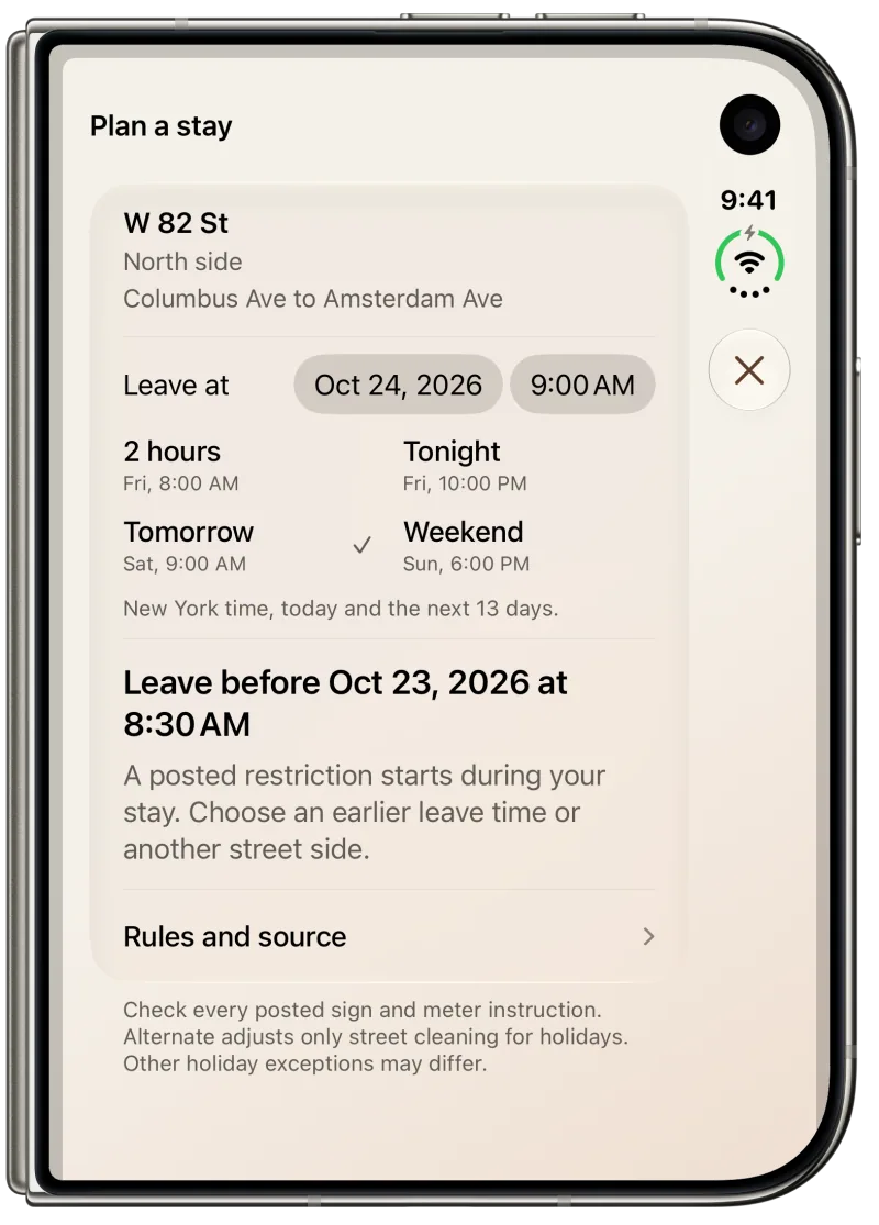 Alternate Plan a stay on a closed iPhone Duo, with the chosen street side, departure controls, a restriction before departure, and the posted-sign check.